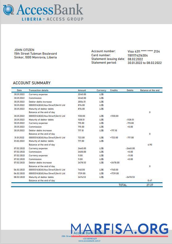 Blank Liberia Access bank statement word.1 download for verification